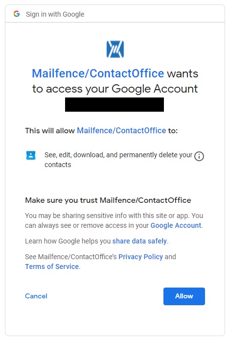 Access to Google Account for Mailfence