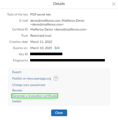 generate a revocation certificate for key pair or personal key