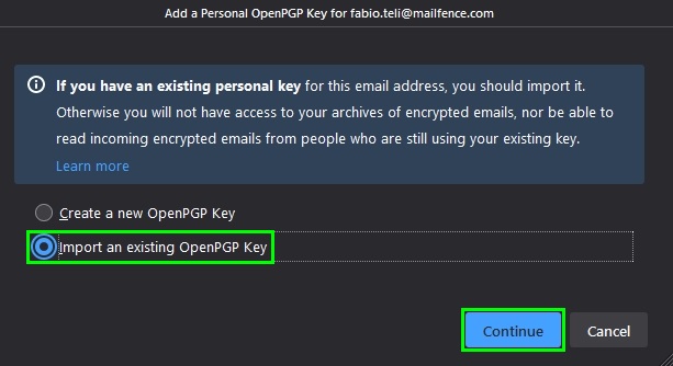 import your openPGP key pair into thunderbird