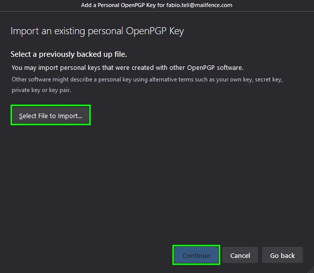 import your openPGP key pair into thunderbird