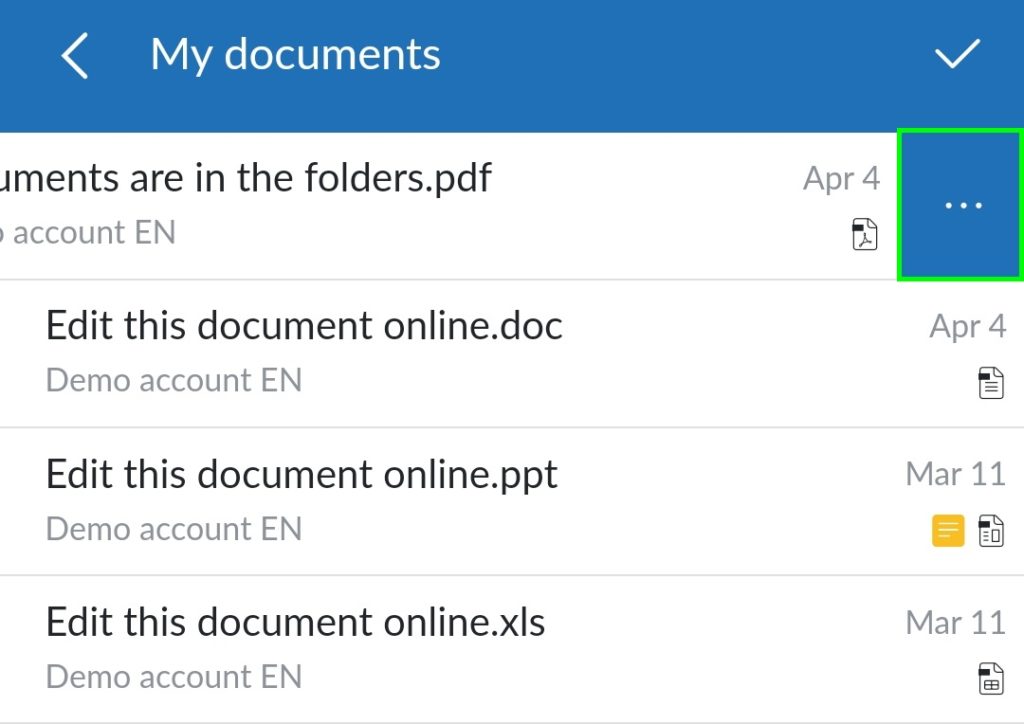 access the documents action menu - mobile application