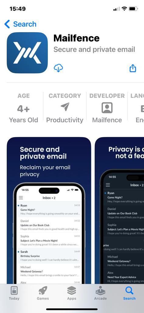 Mailfence native mobile app on Apple's App Store