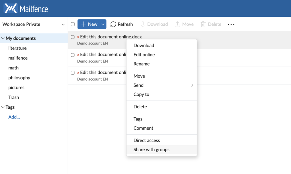 Sharing a document with a group with Mailfence Groups